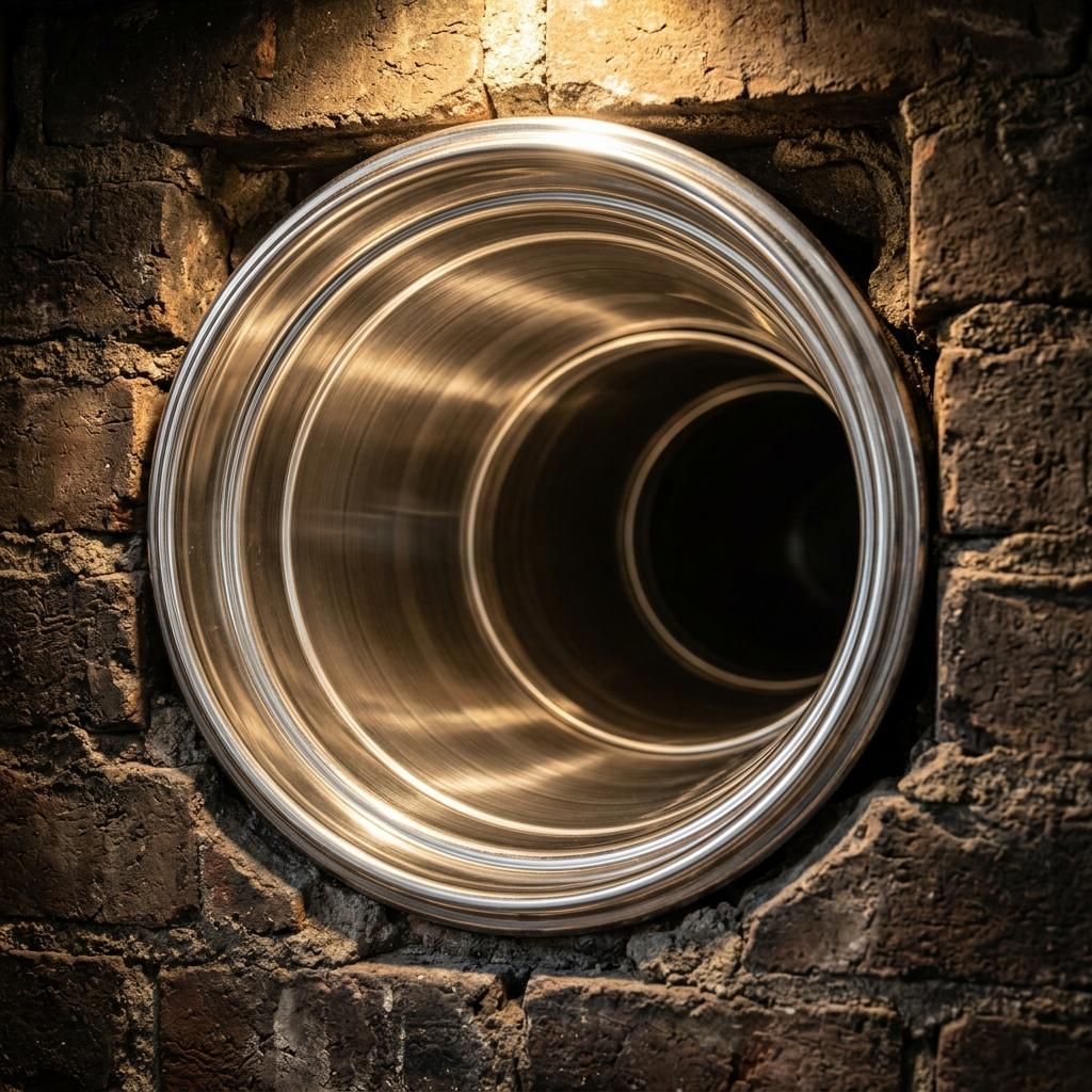 Macro view of immaculate clean stainless steel chimney flue after BlackBear service