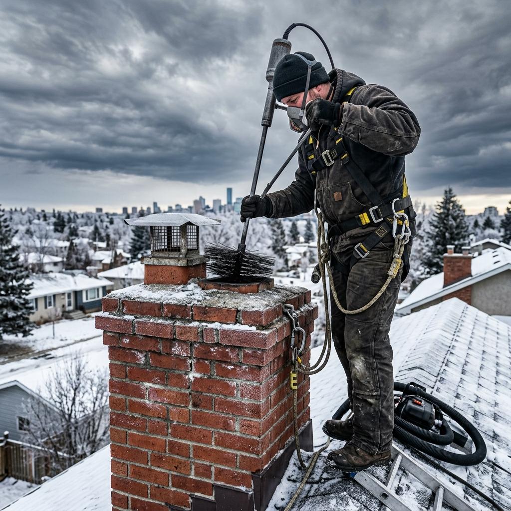 BlackBear chimney technician performing heavy-duty rooftop sweep in Edmonton winter